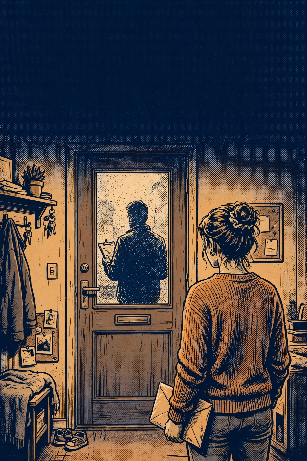 A mother seen from behind, hair in a bun and wearing an amber sweater, an envelope in her hand, facing her own front door. Through the door's frosted glass, a caseworker is visible only as a silhouette holding a clipboard. Warm lamplight below, deep navy darkness above.